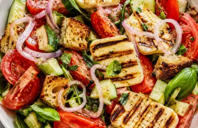 Panzanella s halloumi sýrem a krutonky z kváskového chleba